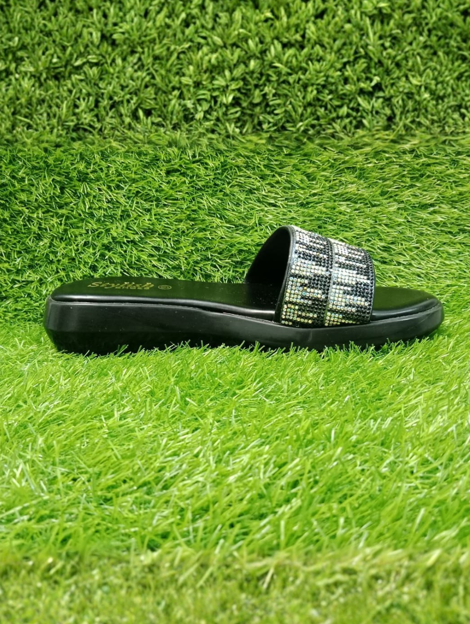 Black Crystal Cross-Strap Wedge Chappal