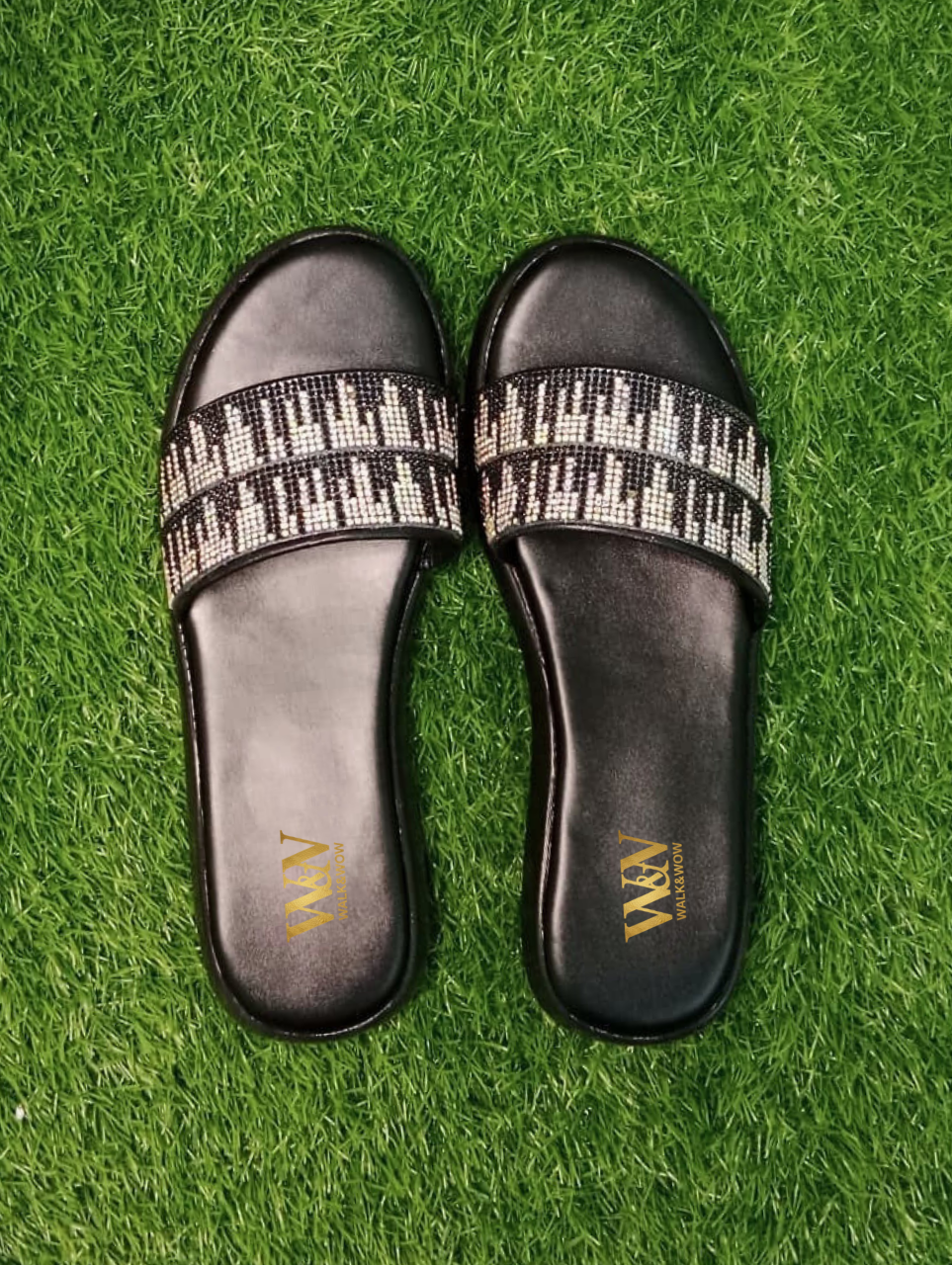 Black Crystal Cross-Strap Wedge Chappal