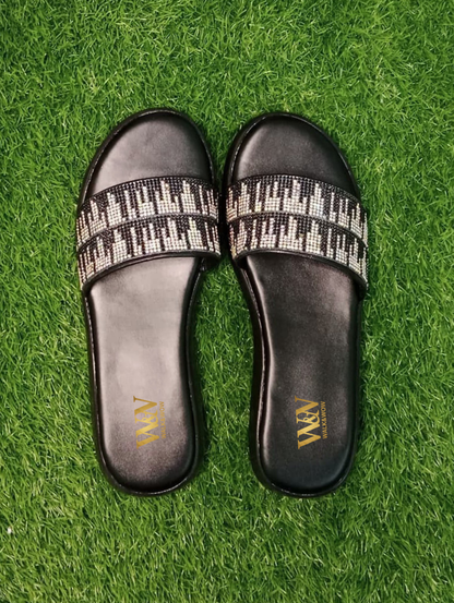 Black Crystal Cross-Strap Wedge Chappal