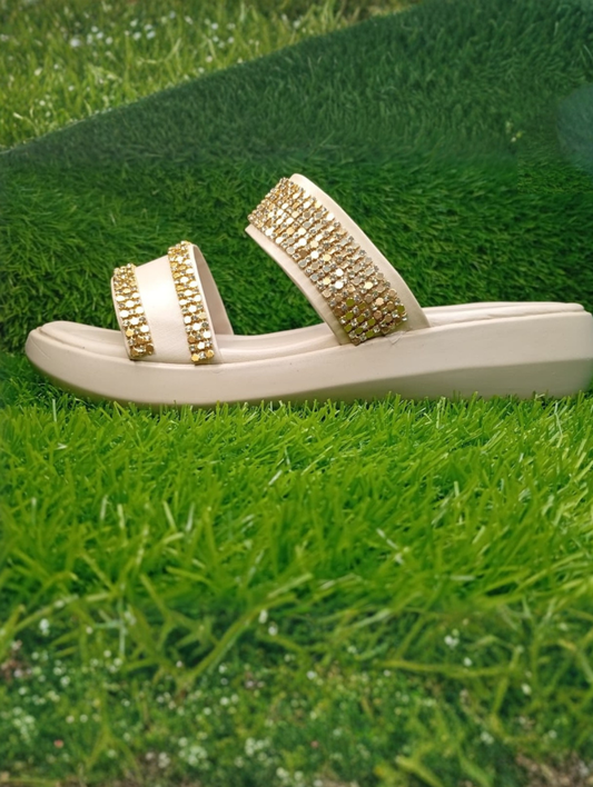 Cream Stone Embellished Wedge Chappal