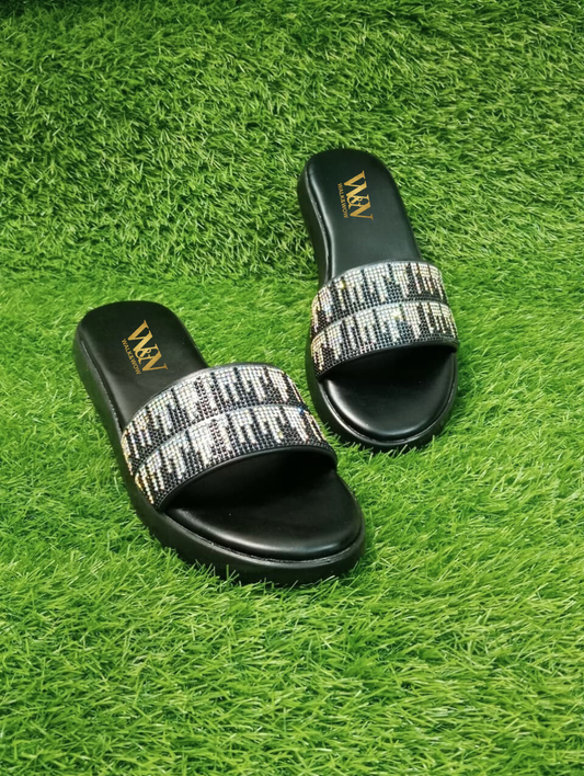 Black Crystal Cross-Strap Wedge Chappal