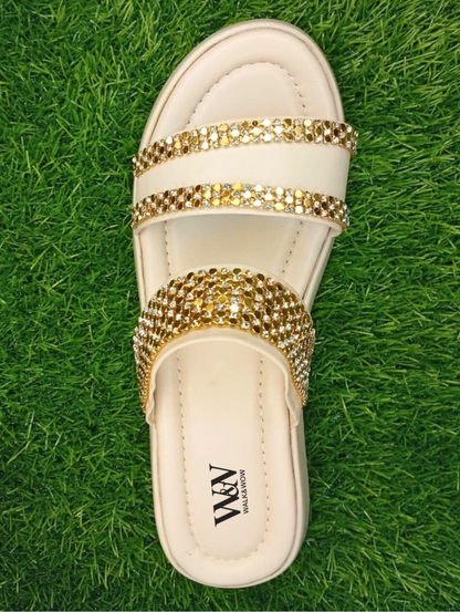 Cream Stone Embellished Wedge Chappal