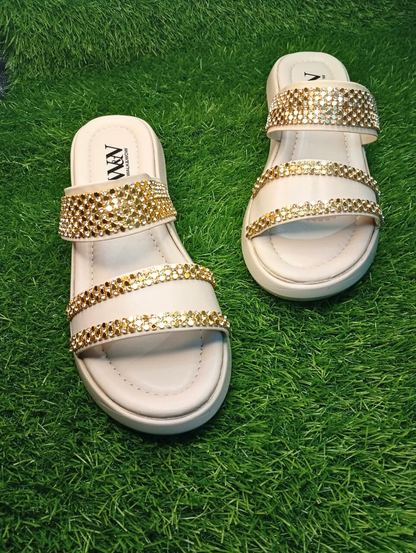 Cream Stone Embellished Wedge Chappal