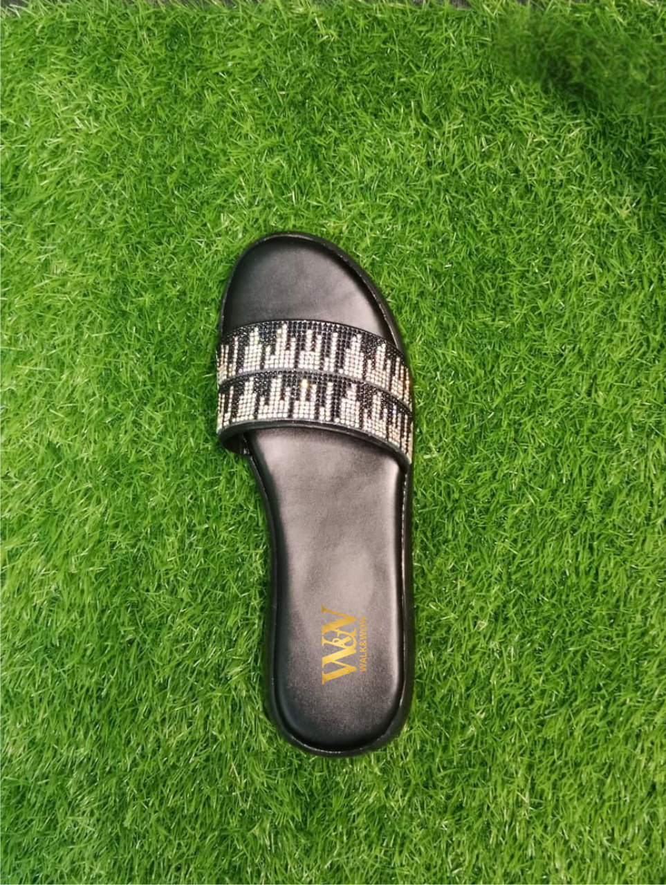 Black Crystal Cross-Strap Wedge Chappal